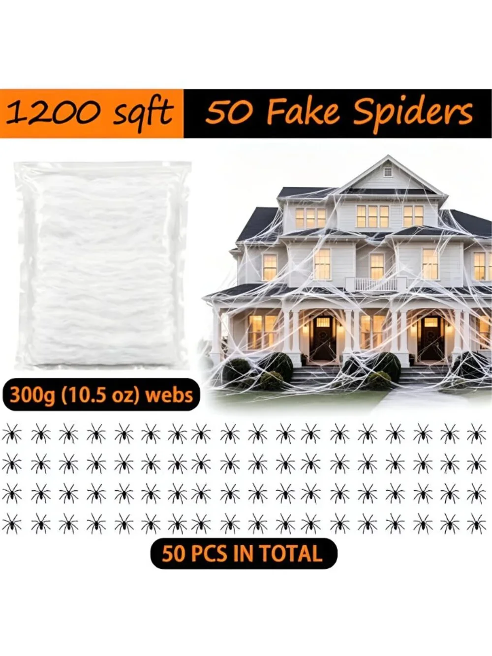 1200 sqft Halloween Spider Webs and 50pcs Fake Spiders Super Stretch